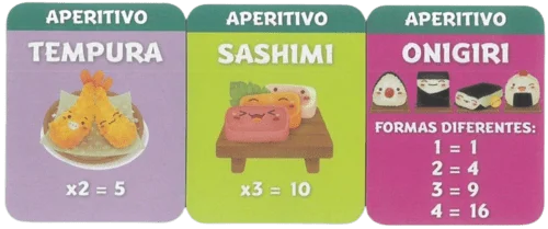 cartas tempura, sashimi y onigiri del sushi go party